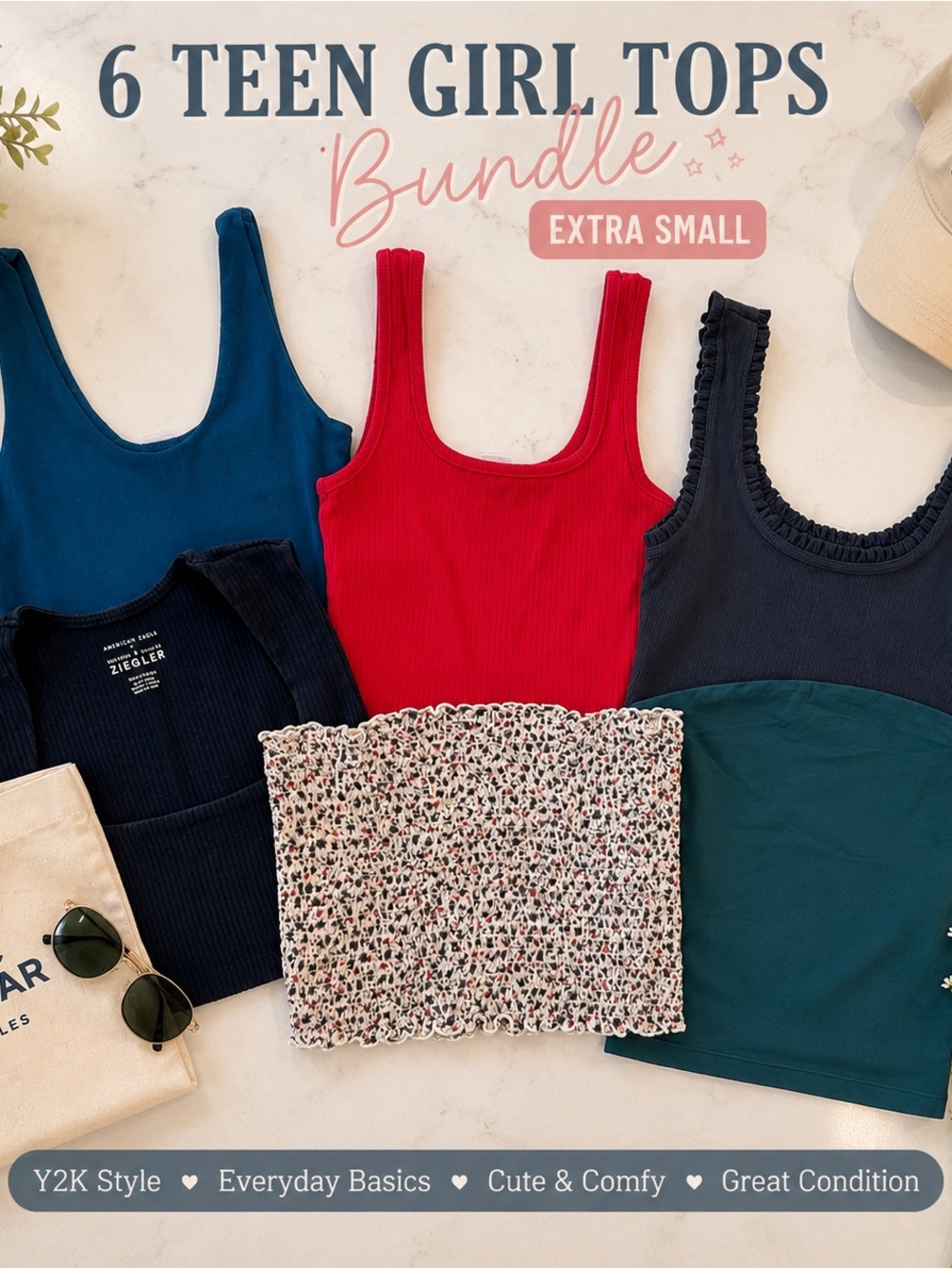 🌸 Teen Girl Tops Bundle – 6 Tops | XS / XXS | Y2K & Everyday Basics 🌸